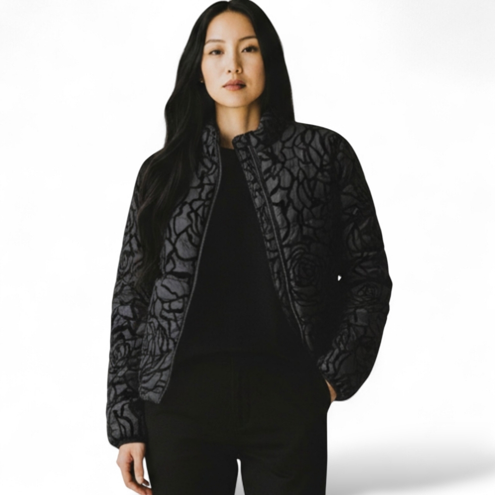 Fabletics Black Velvet Rose Quilted Puffer Lightweight Zip Jacket Women's Large